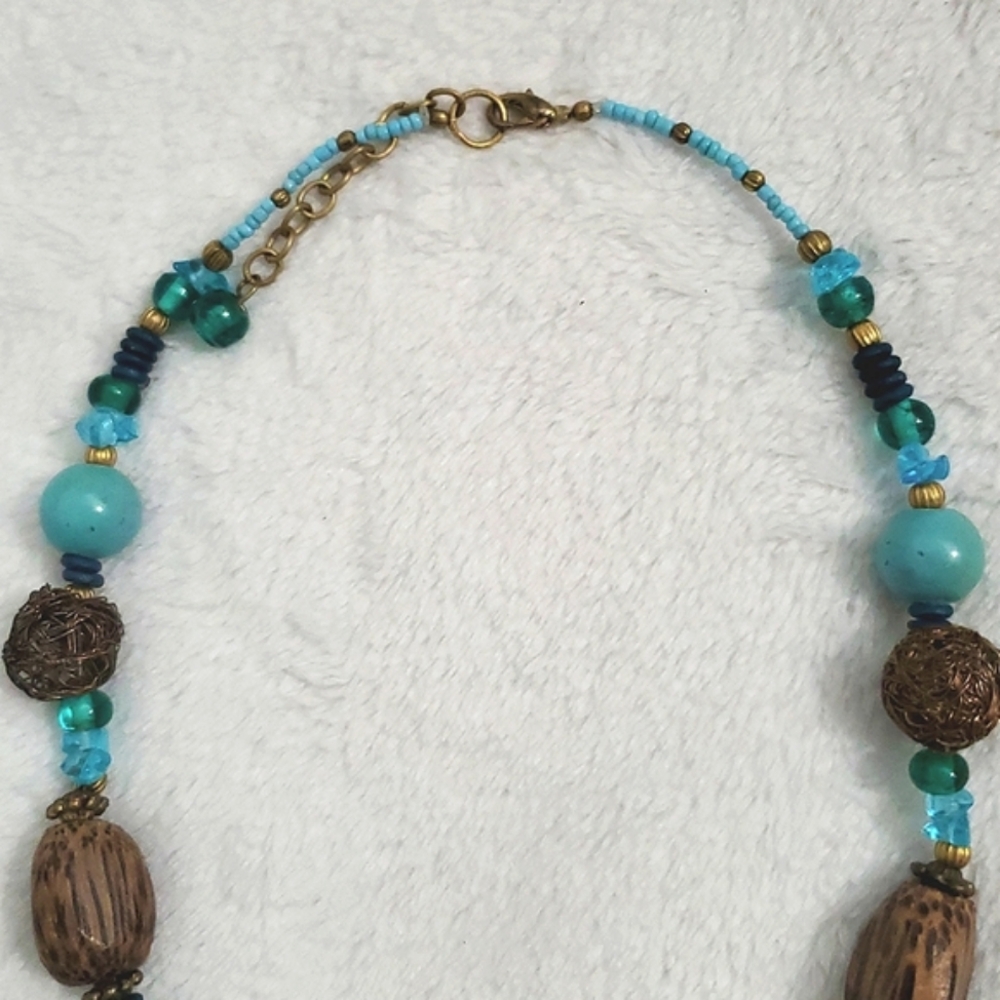 Artisan Made Turquoise and Brown Beaded Necklace - Picture 3 of 6